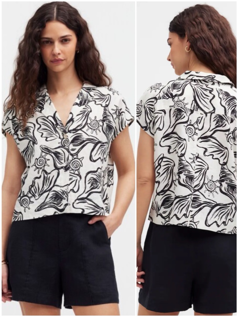 MADEWELL Women’s Size S White/Black Lighthouse Print Linen Boxy Cap-Sleeve Shirt